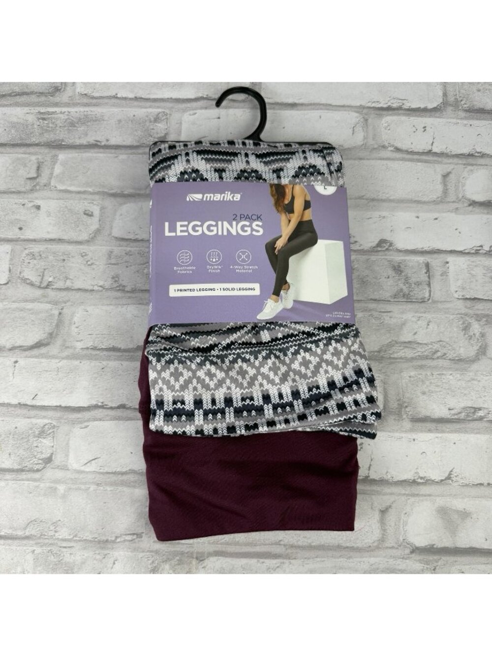 Marika 2 Pack Leggings Size LARGE NWT Black/White Pattern & Maroon Solid